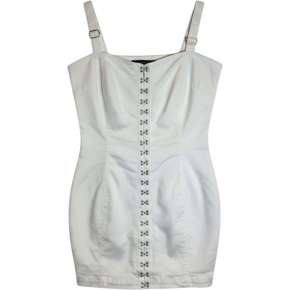 Forever 21 White Denim Corset Mini Dress Hook Eye Front Adjustable Womens M